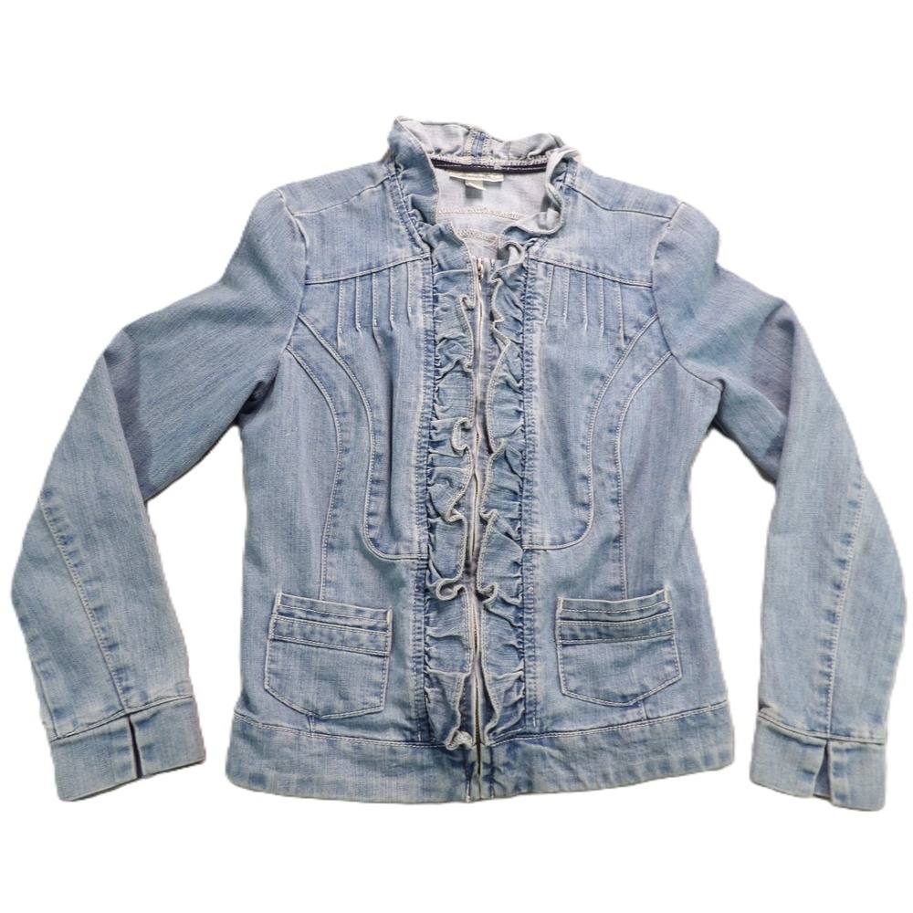 Dressbarn Denim Jacket Women S Blue Ruffle Zip Fitted Stretch Jean Coat Romantic